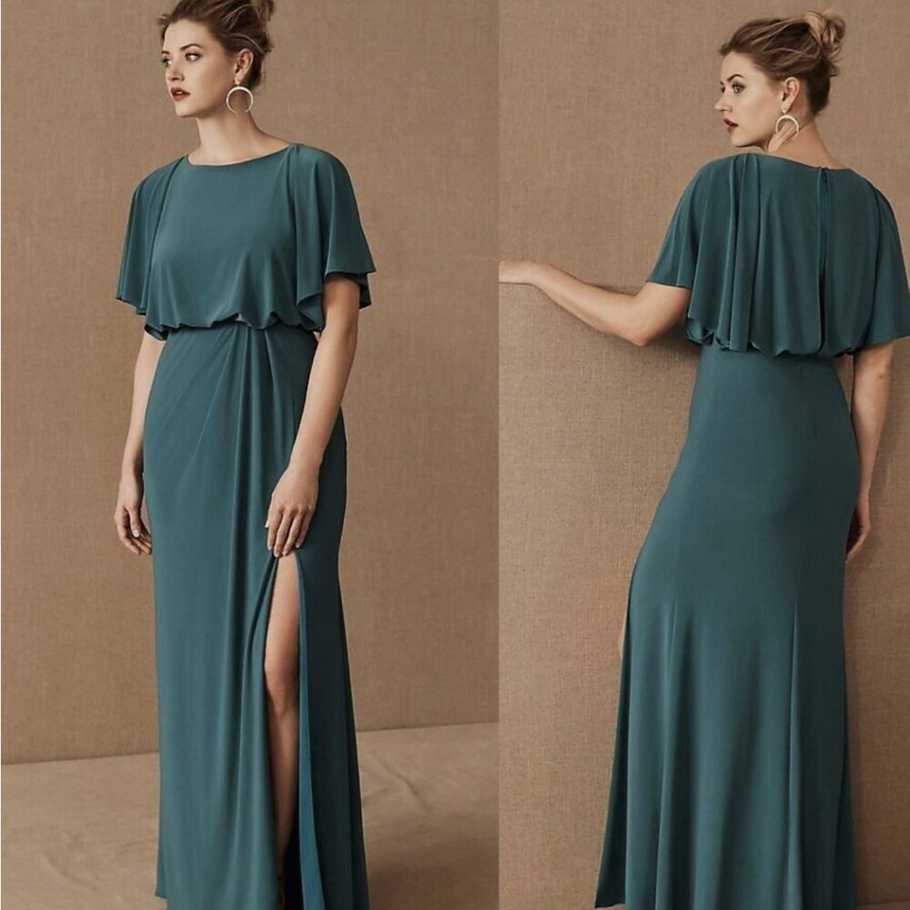 BHLDN Lena High-Neck Jersey Flutter Sleeve Maxi Dress | Teal | Size 6